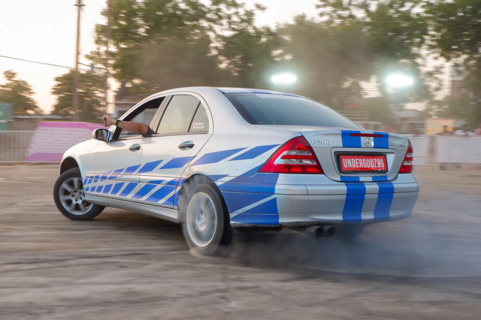Mercedes C200 rear drift with tire smoke